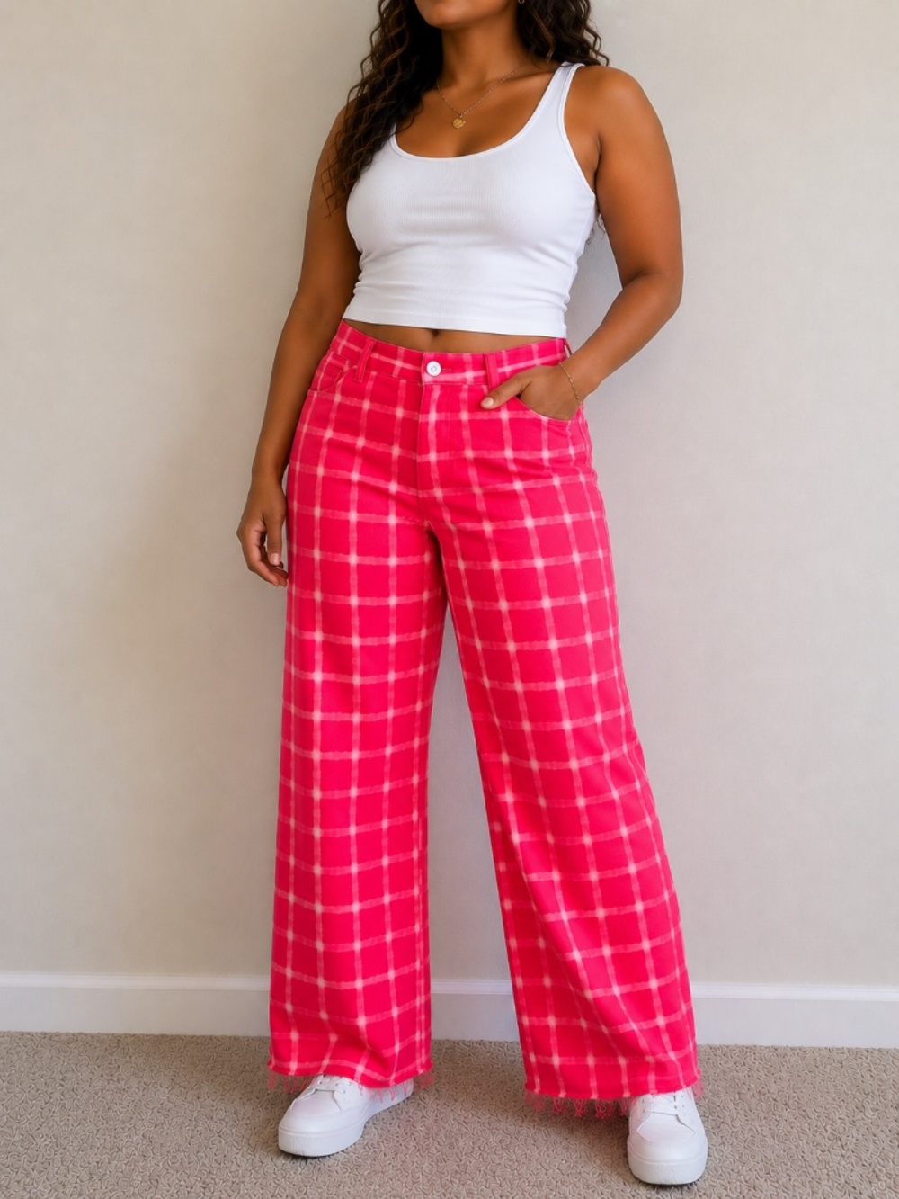 Faded Glory Pink Grid Plaid Pants High Waist Straight Leg, Size 14 Tall